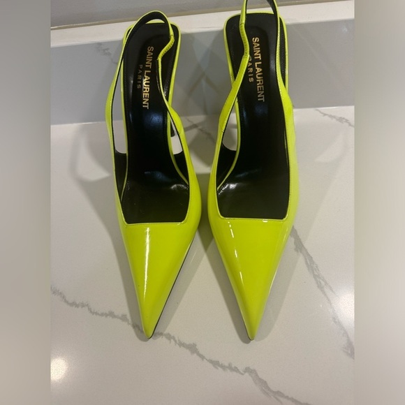 Saint Laurent Kiss 105 Leather Slingback Highlighter Yellow Pumps SZ 8.5 - Picture 9 of 14